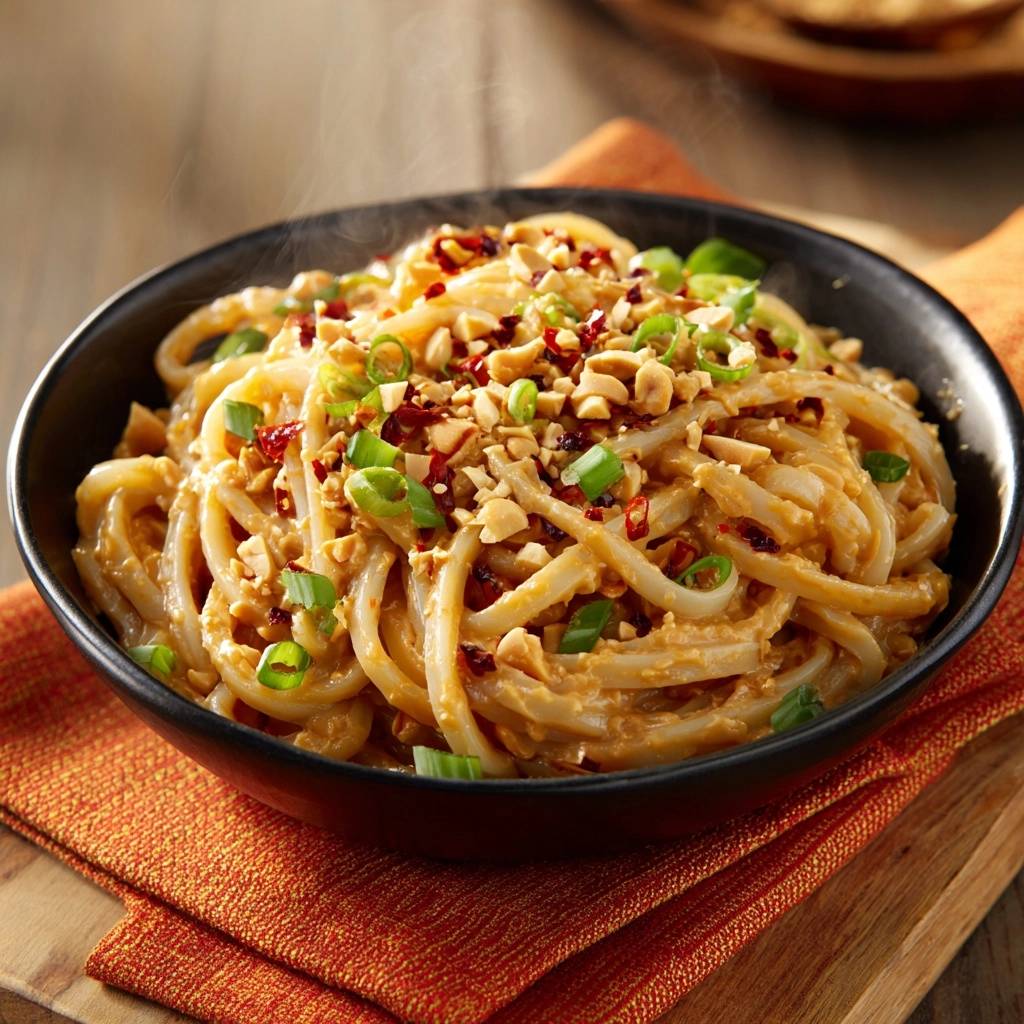 Cremige Erdnuss-Udon-Nudeln, garniert mit gehackten Erdnüssen und Frühlingszwiebeln, in einer schwarzen Schüssel serviert.