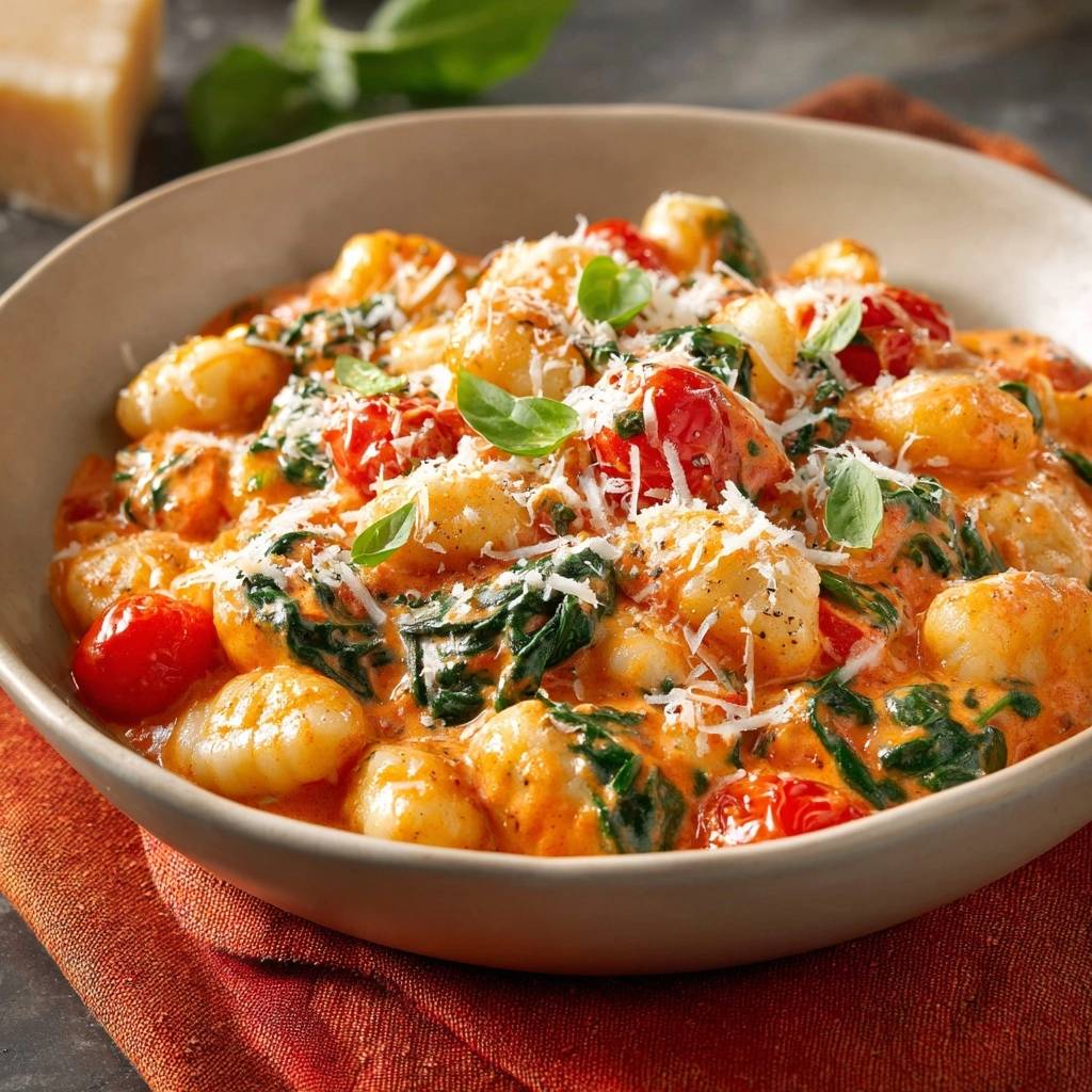 Cremige Gnocchi mit Spinat, Tomaten und Parmesan, eine Nahaufnahme der servierten Pasta in einer Schüssel.