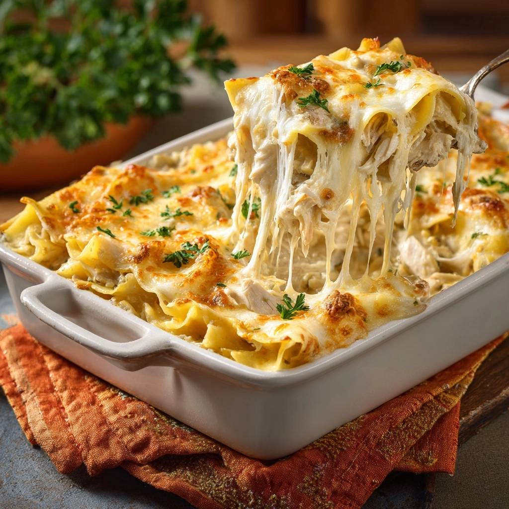 Cremige Hähnchen-Lasagne mit sich ziehendem Käse, frisch aus dem Ofen, garniert mit Petersilie.