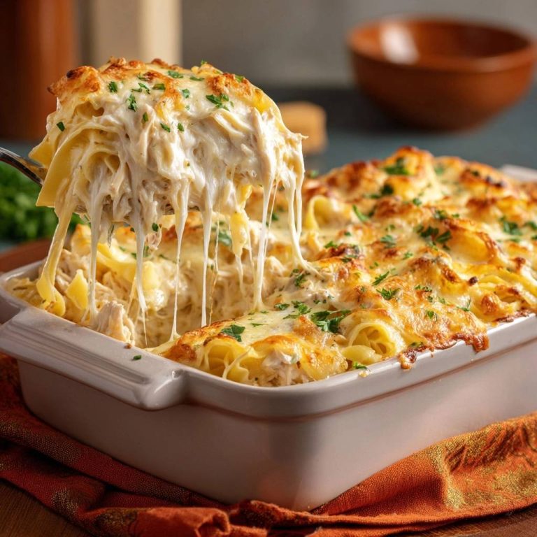 Cremige Hähnchen-Lasagne mit herrlich ziehendem Käse wird aus einer Auflaufform geschöpft.