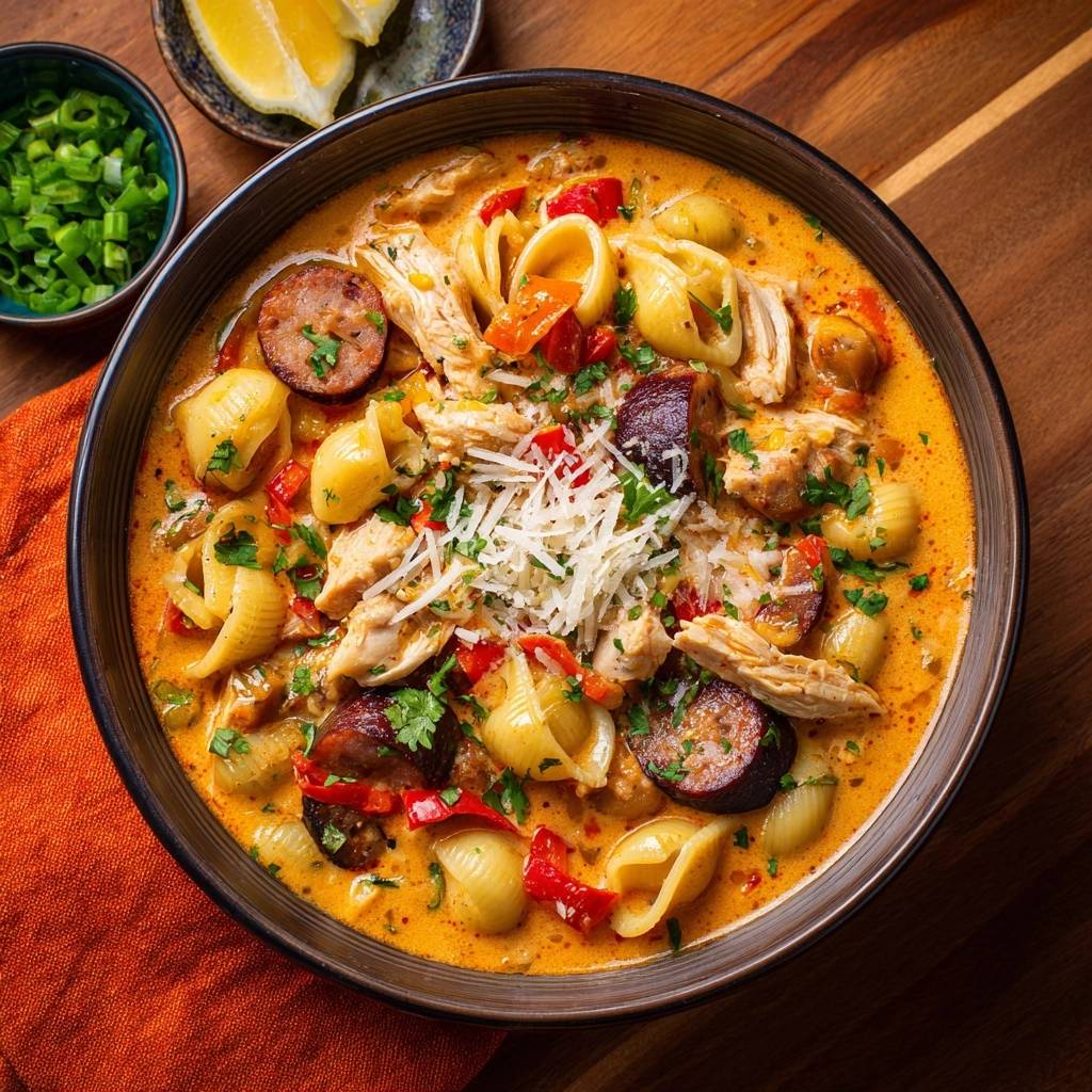 Cremige Hähnchen-Wurst-Conchiglie mit geschmolzenem Käse und Petersilie, nahaufnahme der servierten Portion.