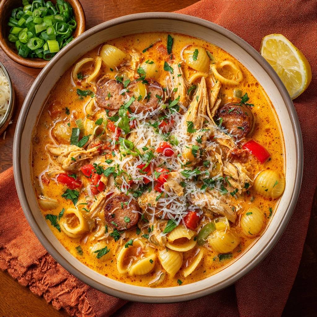 Cremige Hähnchen-Wurst-Conchiglie – al dente garantiert! – Nahaufnahme der Garnitur mit Petersilie und geriebenem Käse