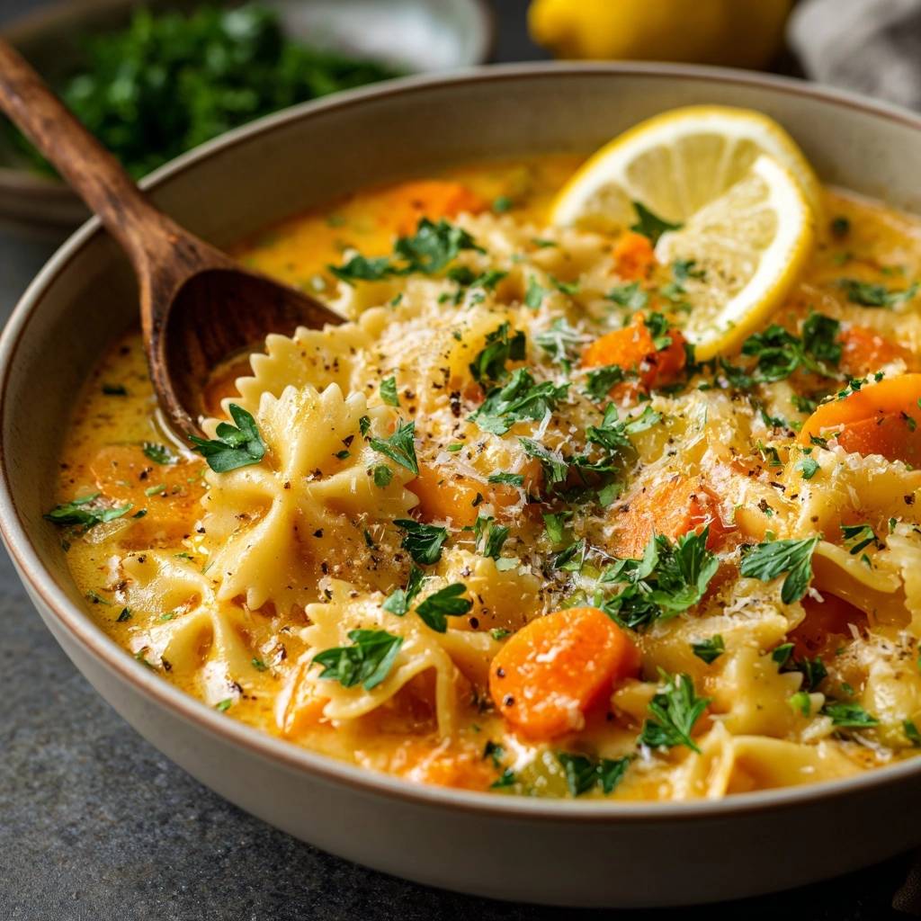 Cremige Karotten-Farfalle-Suppe mit Kale, garniert mit frischer Petersilie und Zitronenscheibe.