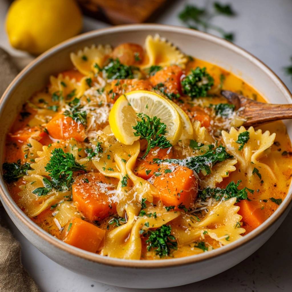 Cremige Karotten-Farfalle-Suppe mit Kale, garniert mit frischer Petersilie und Zitronenspalten in einer Schüssel.
