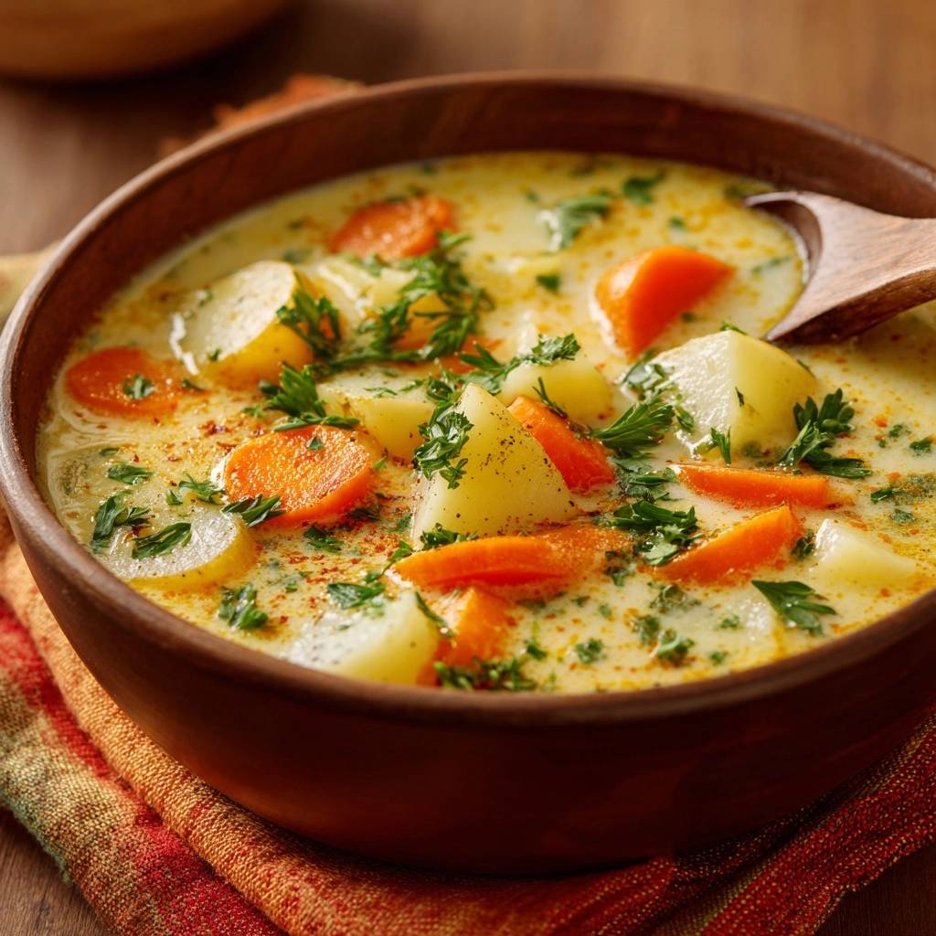 Cremige Kartoffel-Karottensuppe mit frischer Petersilie und Paprikapulver bestreut, Nahaufnahme der Garnitur.