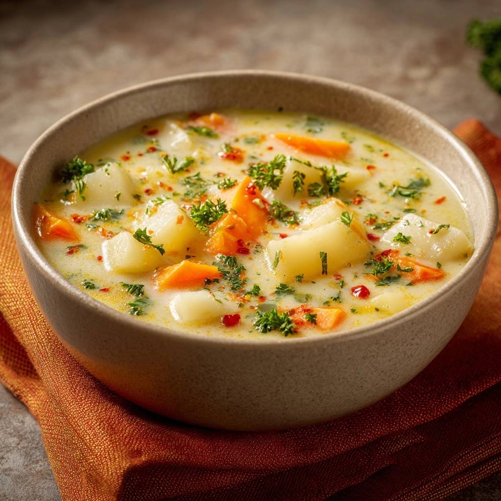 Cremige Kartoffel-Karottensuppe mit frischer Petersilie und roten Chiliflocken garniert, in einer rustikalen Schüssel serviert.