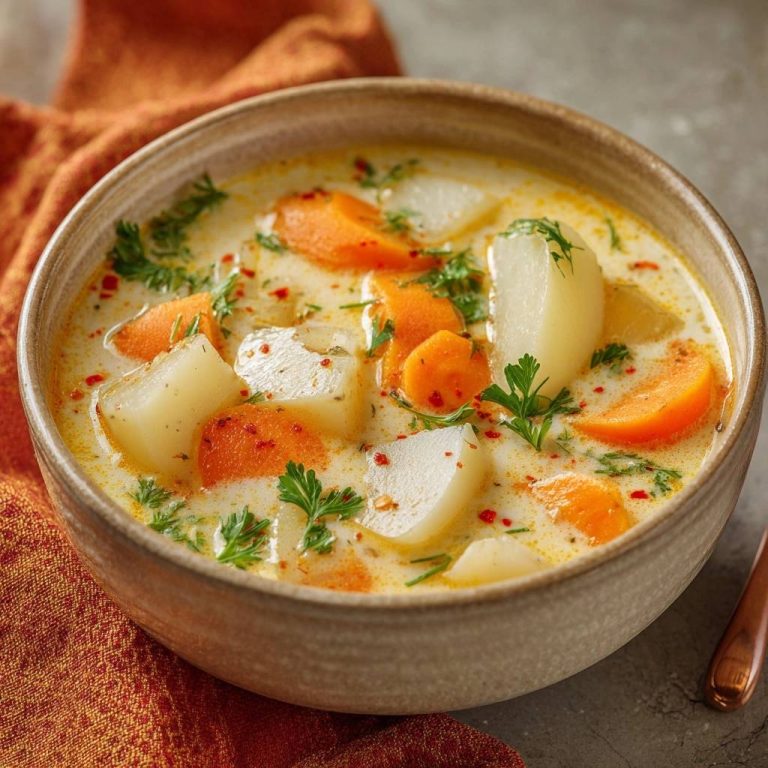 Cremige Kartoffel-Karottensuppe mit frischer Petersilie und roten Chiliflocken garniert, detailreiche Nahaufnahme