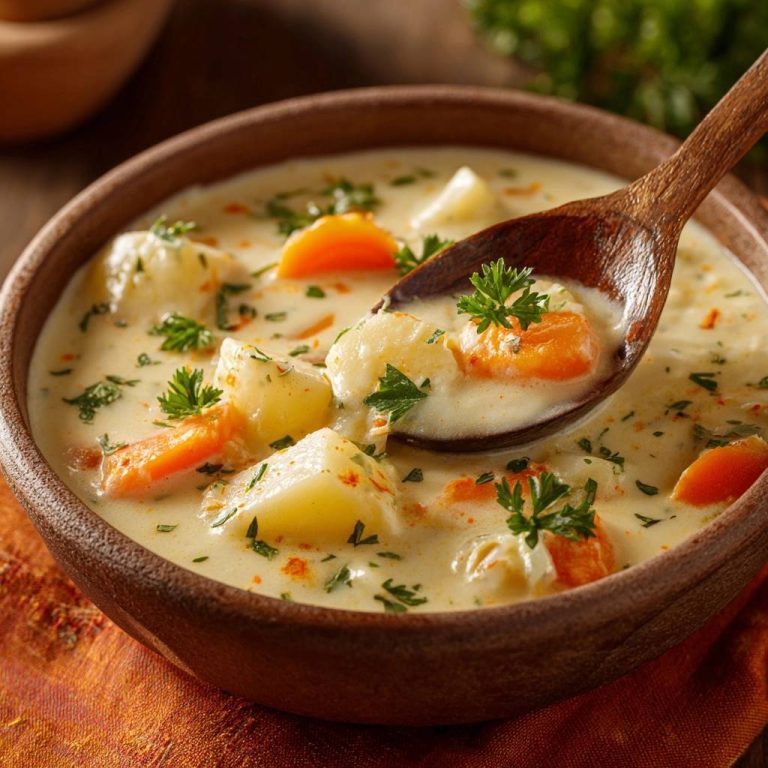 Cremige Kartoffel-Karottensuppe mit einem Holzlöffel voller Suppe und Gemüse, Nahaufnahme.