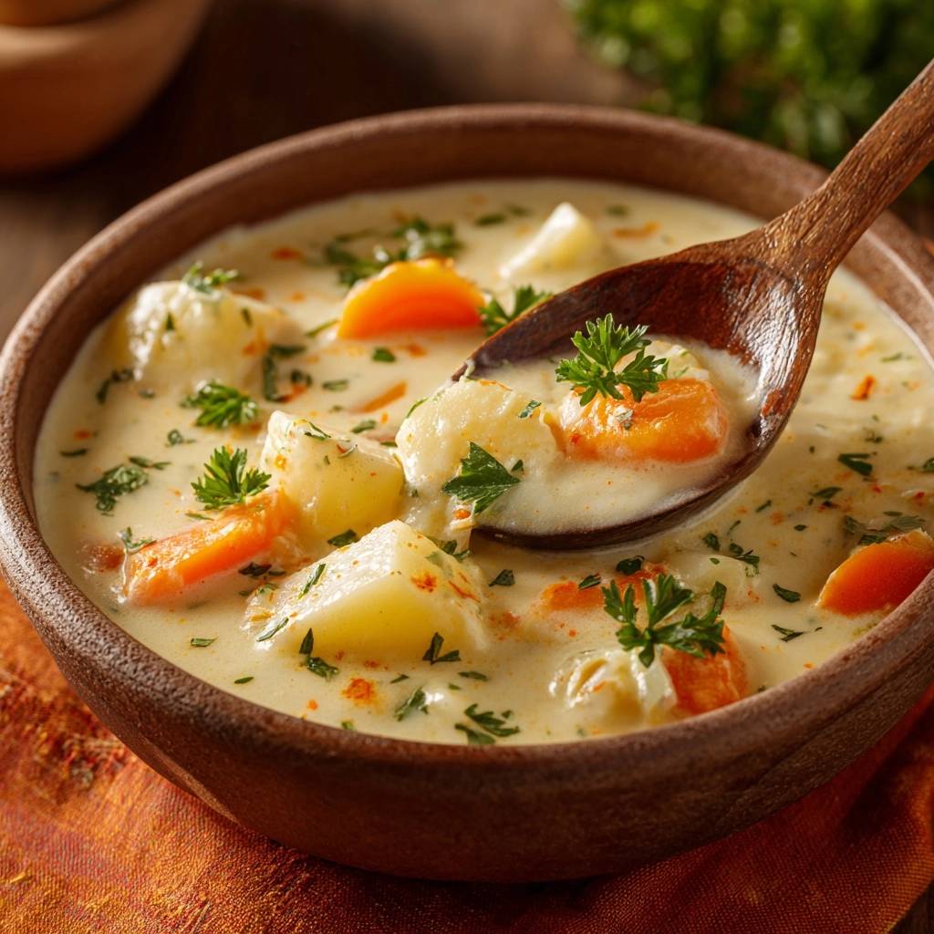 Cremige Kartoffel-Karottensuppe mit einem Holzlöffel voller Suppe und Gemüse, Nahaufnahme.