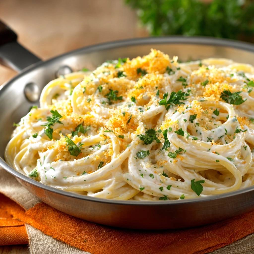 Cremige Linguine mit Parmesan, garniert mit frischer Petersilie und gerösteten Brotkrümeln in einer Pfanne.