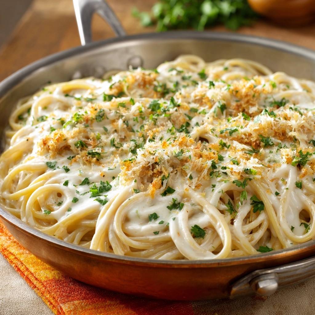 Cremige Linguine mit Parmesan, garniert mit frischer Petersilie und gerösteten Semmelbröseln in einer Pfanne.