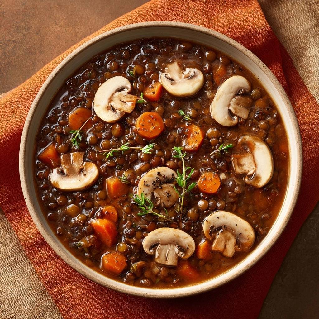 Cremige Linsensuppe mit Pilzen und Karotten, serviert in einer Schüssel, mit Pilzscheiben und Kräutern garniert.