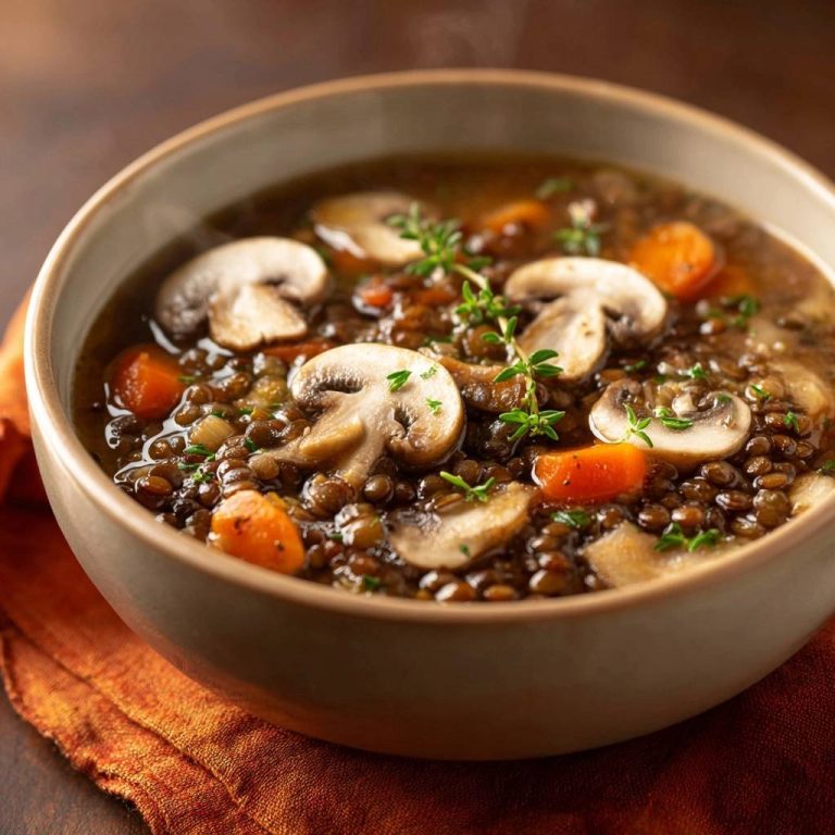 Cremige Linsensuppe mit Pilzen und Karotten in einer Schüssel, Nahaufnahme mit Dampf und frischen Kräutern garniert