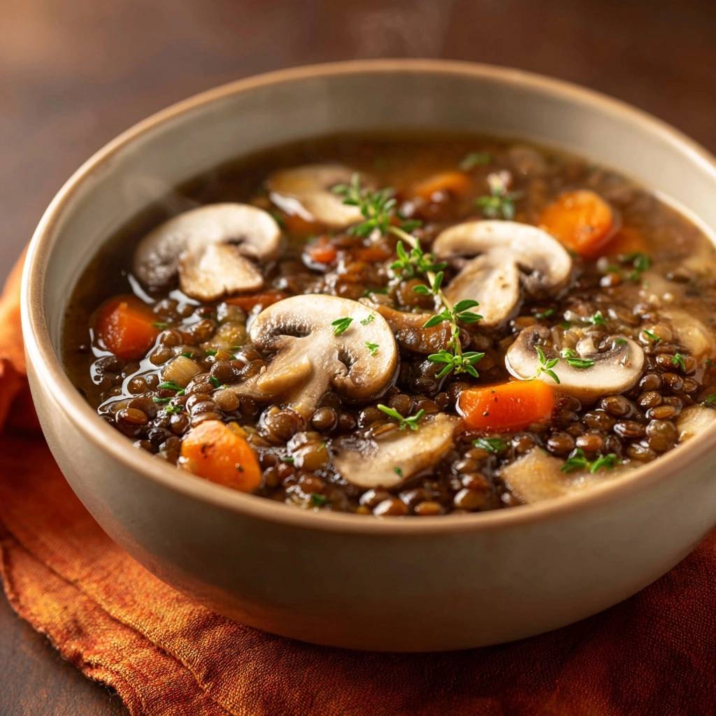 Cremige Linsensuppe mit Pilzen und Karotten in einer Schüssel, Nahaufnahme mit Dampf und frischen Kräutern garniert