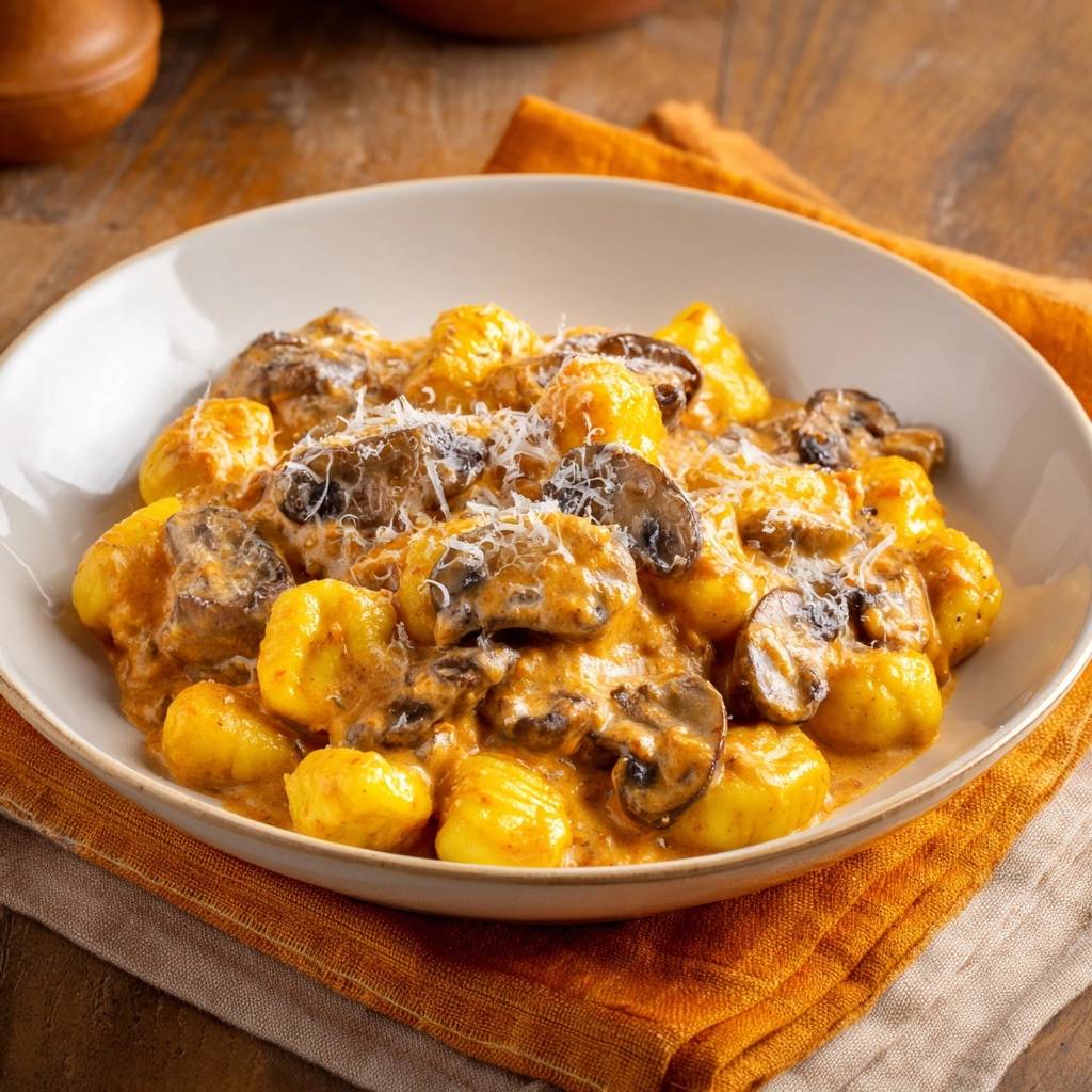 Cremige Pilz-Gnocchi in Kurkuma-Sahne, eine Nahaufnahme der Gnocchi mit Pilzen und geriebenem Käse.