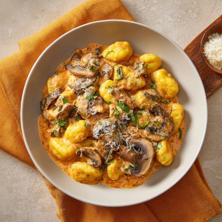 Cremige Pilz-Gnocchi in Kurkuma-Sahne, Nahaufnahme der Gnocchi mit Pilzen und Sauce, garniert mit Parmesan.