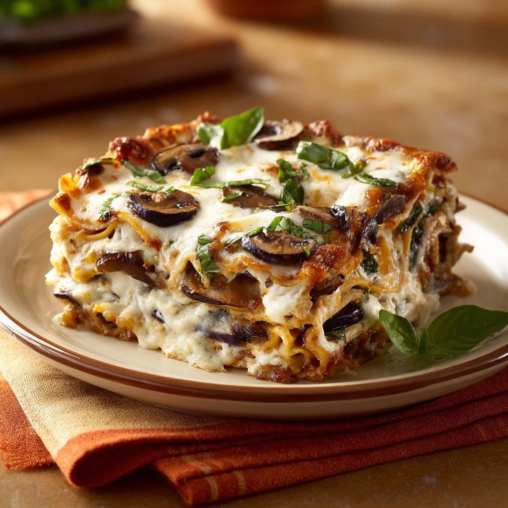 Cremige Pilz-Spinat-Lasagne als Querschnitt auf einem Teller serviert, mit geschmolzenem Käse und frischem Basilikum garniert.