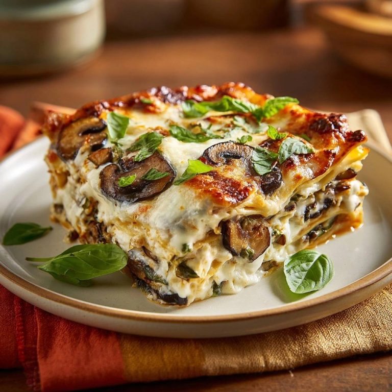 Cremige Pilz-Spinat-Lasagne als Anschnitt auf einem Teller serviert, mit sichtbaren Schichten und frischem Basilikum garniert.