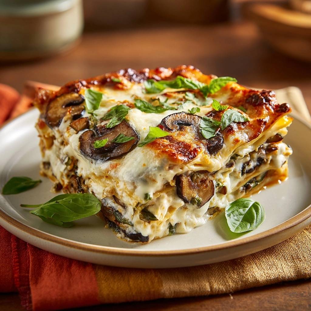 Cremige Pilz-Spinat-Lasagne als Anschnitt auf einem Teller serviert, mit sichtbaren Schichten und frischem Basilikum garniert.