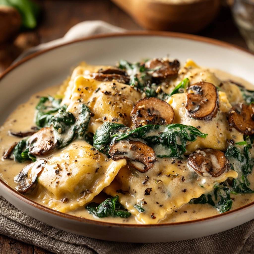 Cremige Ravioli mit Pilzen und Spinat, nahaufnahme der gefüllten Pasta in cremiger Soße mit Pilzen und Spinat.