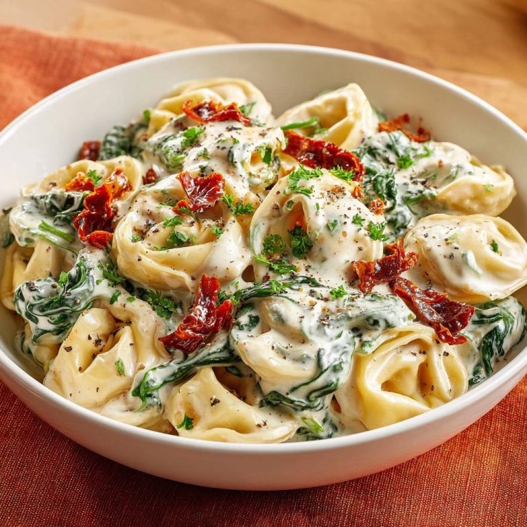 Cremige Ravioli mit Spinat und Tomaten, nahaufnahme der cremigen Soße und Garnitur
