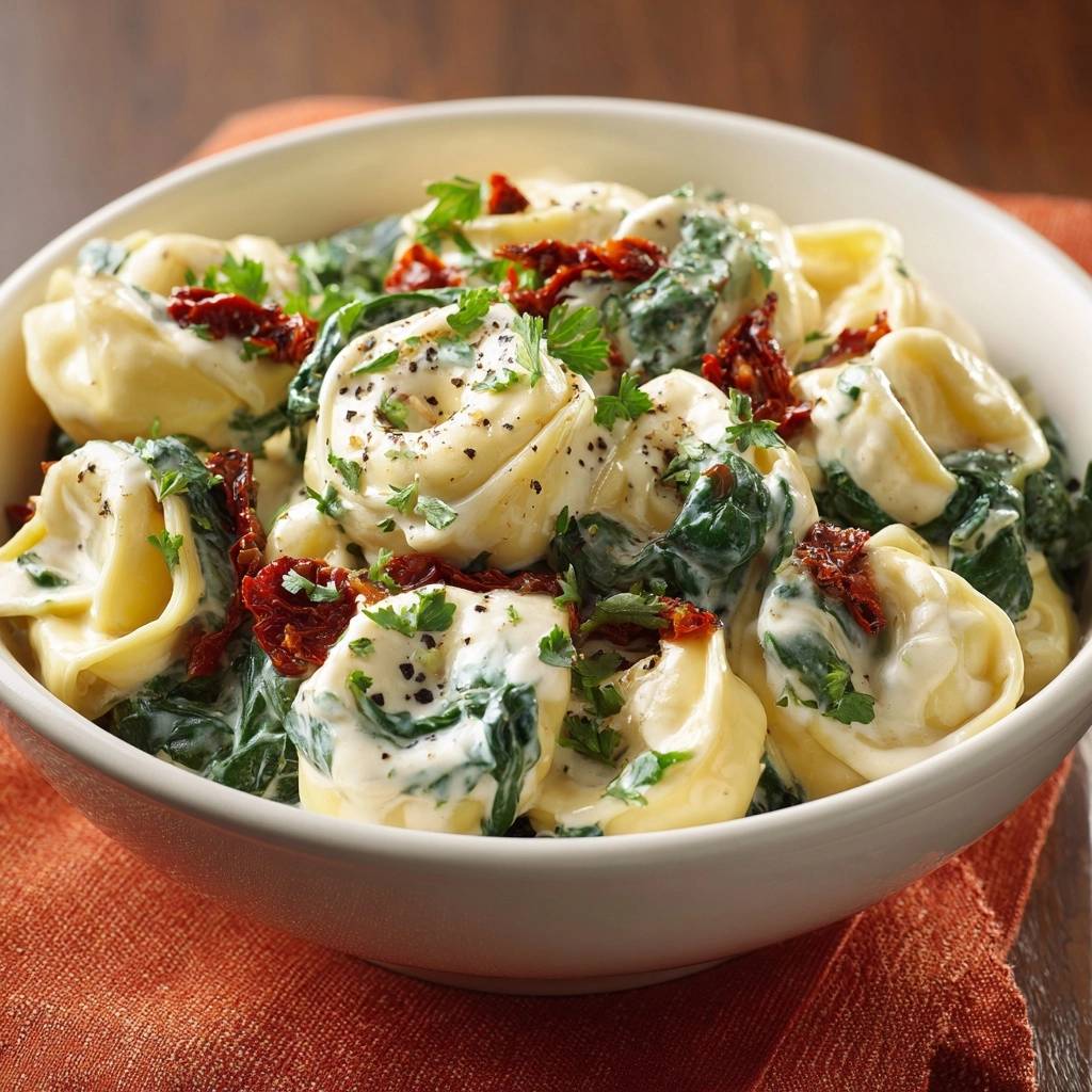 Cremige Ravioli mit Spinat und Tomaten in einer cremigen Soße, Nahaufnahme der Textur und Garnitur.