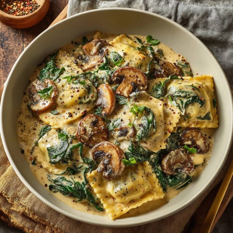 Cremige Ravioli mit Pilzen und Spinat, nahaufnahme der gefüllten Pasta in reichhaltiger Sauce