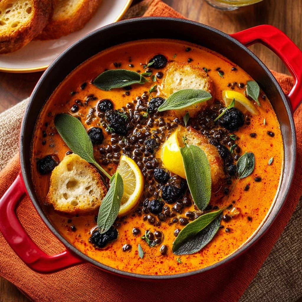 Cremige schwarze Linsensuppe mit Salbei und Zitrone, serviert in einem roten Topf und garniert mit Brotstücken und Kräutern.