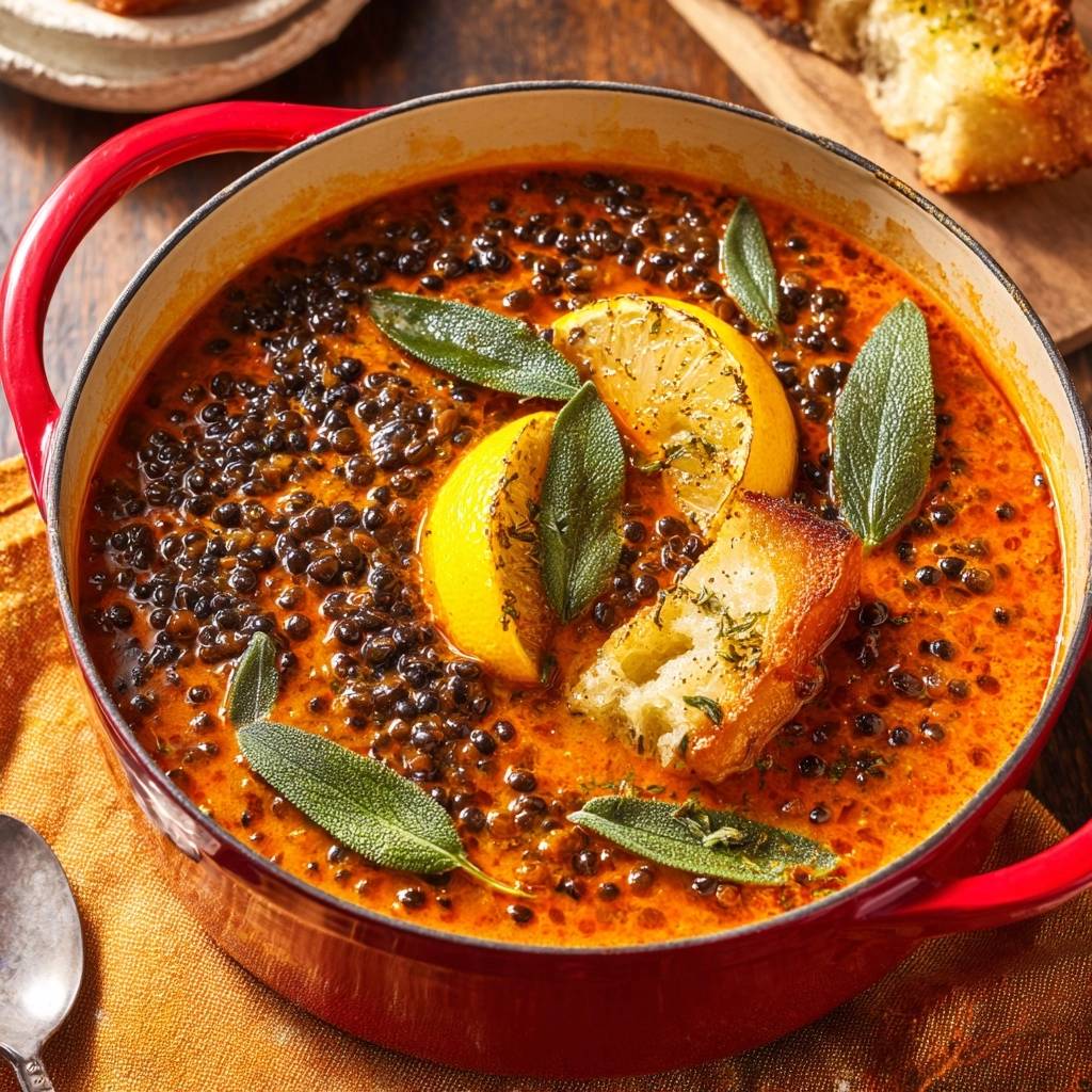 Cremige schwarze Linsensuppe mit Salbei und Zitrone, serviert in einem roten Topf und garniert mit Brot und frischen Kräutern.