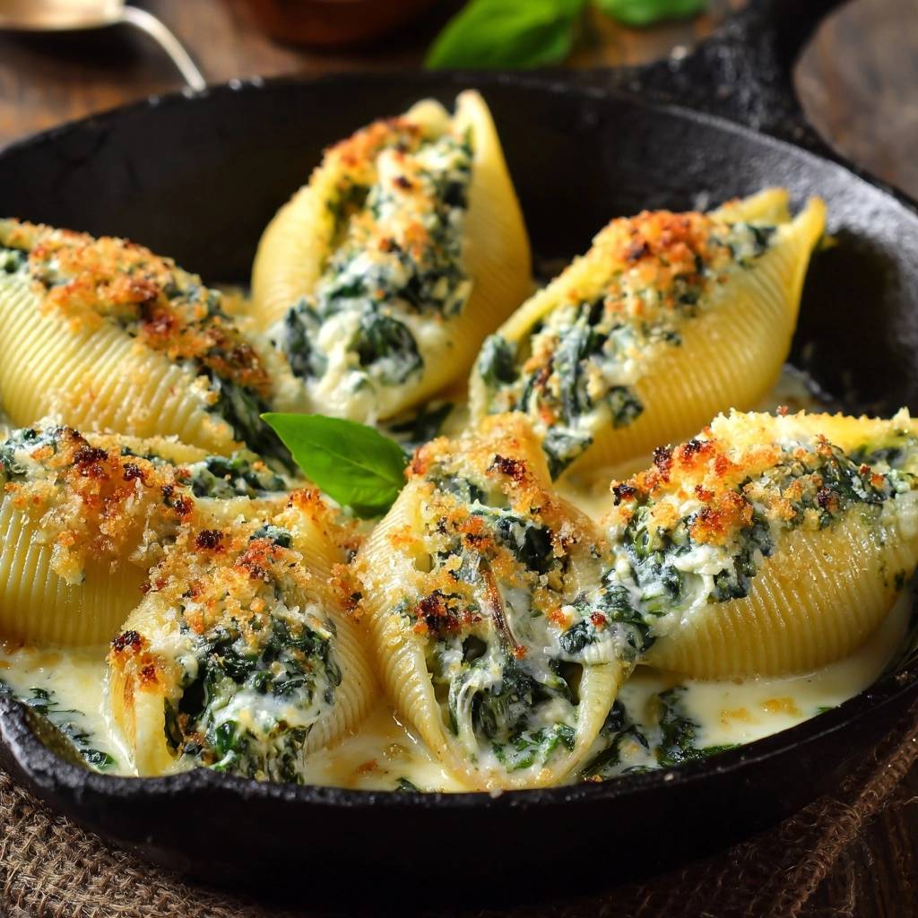 Cremige Spinat-Conchiglie aus der Pfanne mit knuspriger Kruste und cremiger Füllung, nahaufnahme