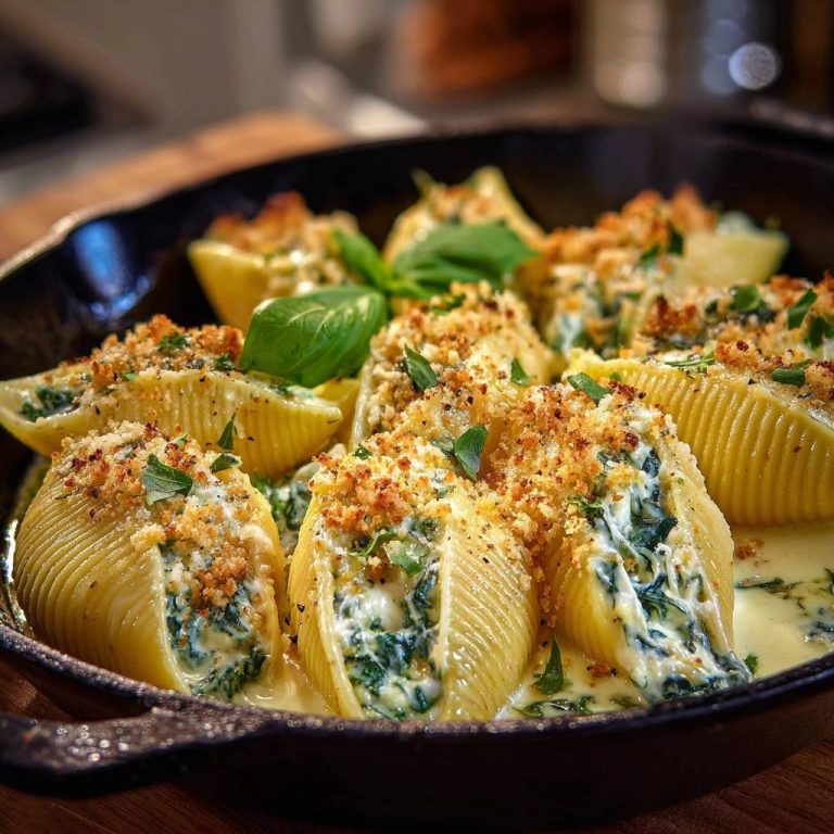 Cremige Spinat-Conchiglie, gefüllt mit Spinat und Käse, in einer cremigen Sauce mit knusprigen Semmelbröseln garniert.