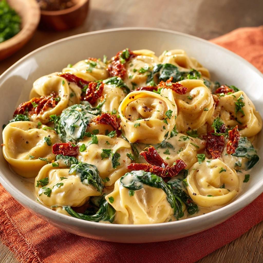 Cremige Spinat-Tortelloni mit Sonnentomaten als Nahaufnahme in einer Schüssel, garniert mit Petersilie.