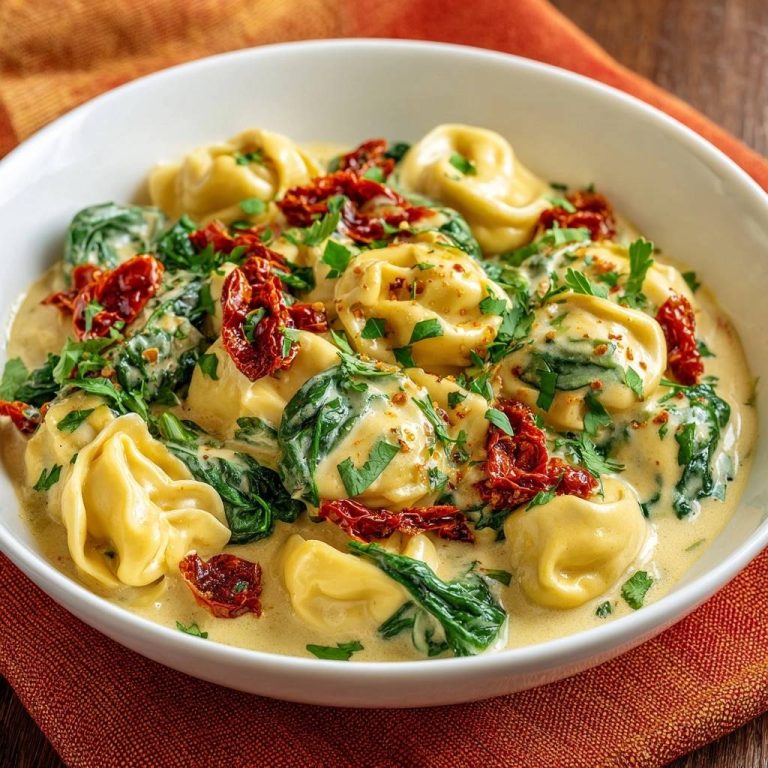 Cremige Spinat-Tortelloni mit Sonnentomaten in einer Schüssel, garniert mit Petersilie und Sonnengetrockneten Tomaten.