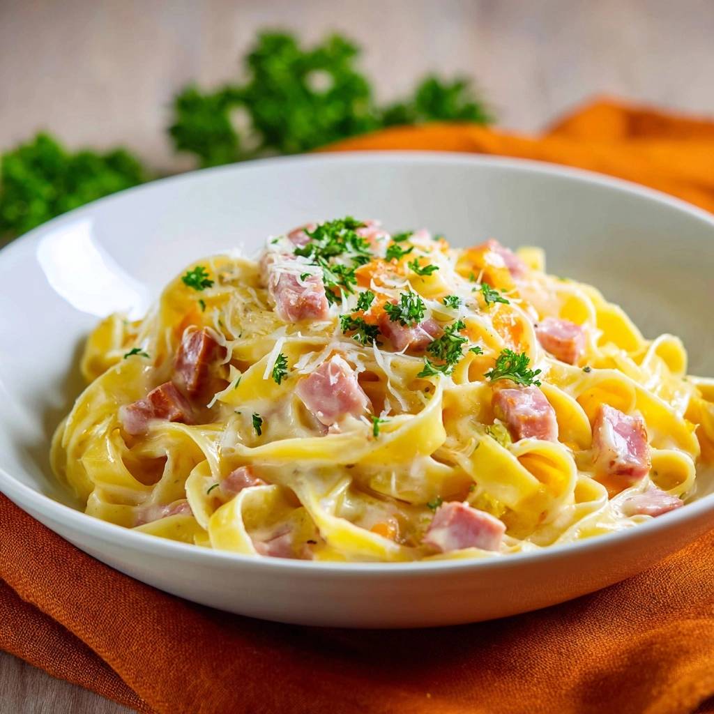 Cremige Tagliatelle mit Schinken, serviert in einer weißen Schüssel, mit Petersilie und Parmesan garniert.
