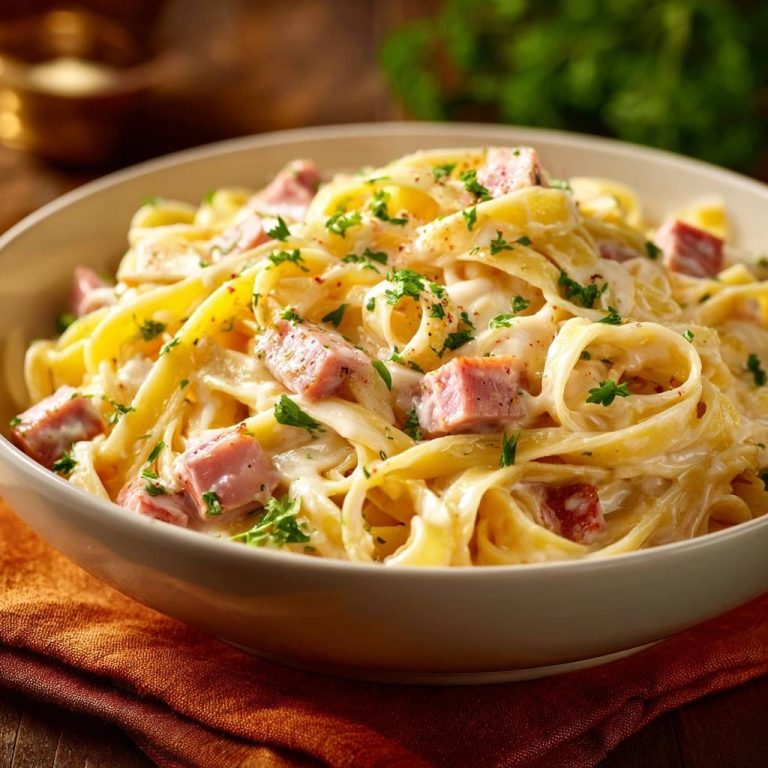 Cremige Tagliatelle mit Schinken als Nahaufnahme in einer Schüssel, garniert mit frischer Petersilie.