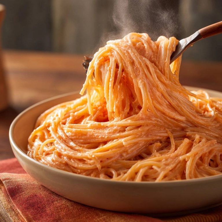 Cremige Tomaten-Spaghetti mit einer Gabel, von der Dampf aufsteigt, in einer Schüssel serviert
