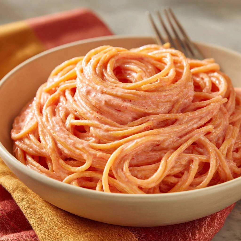 Cremige Tomaten-Spaghetti mit einer dicken, roten Sauce, nahaufnahme der Nudeln im Teller