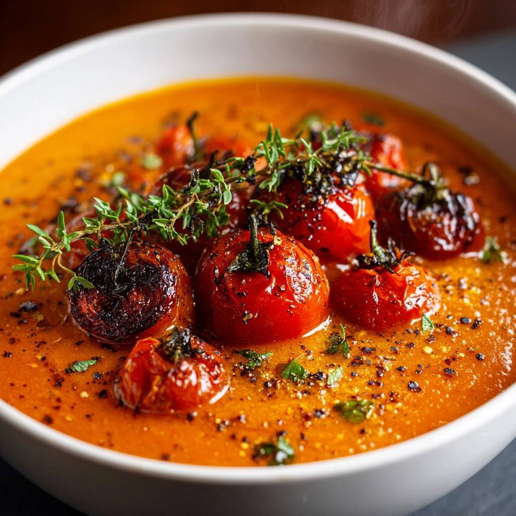 Cremige Tomatensuppe mit gerösteten Kirschtomaten, garniert mit frischen Kräutern und grobem Pfeffer.
