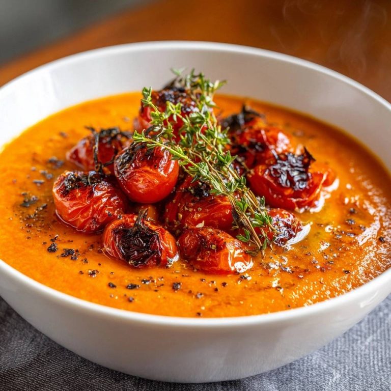 Cremige Tomatensuppe mit gerösteten Kirschtomaten, garniert mit frischem Thymian und bestreut mit schwarzen Gewürzen.