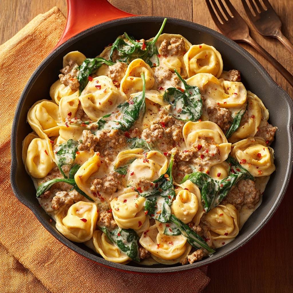 Cremige Tortellini-Pfanne mit Rinderhack und Spinat als Nahaufnahme in einer Pfanne, bestreut mit Chiliflocken.