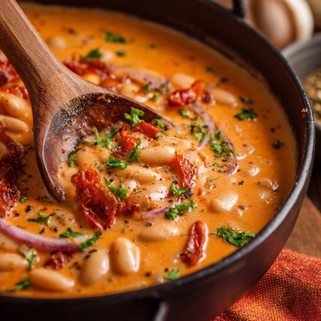 Cremige weiße Bohnen mit Sonnentomaten, serviert mit einem Holzlöffel in einer Nahaufnahme.