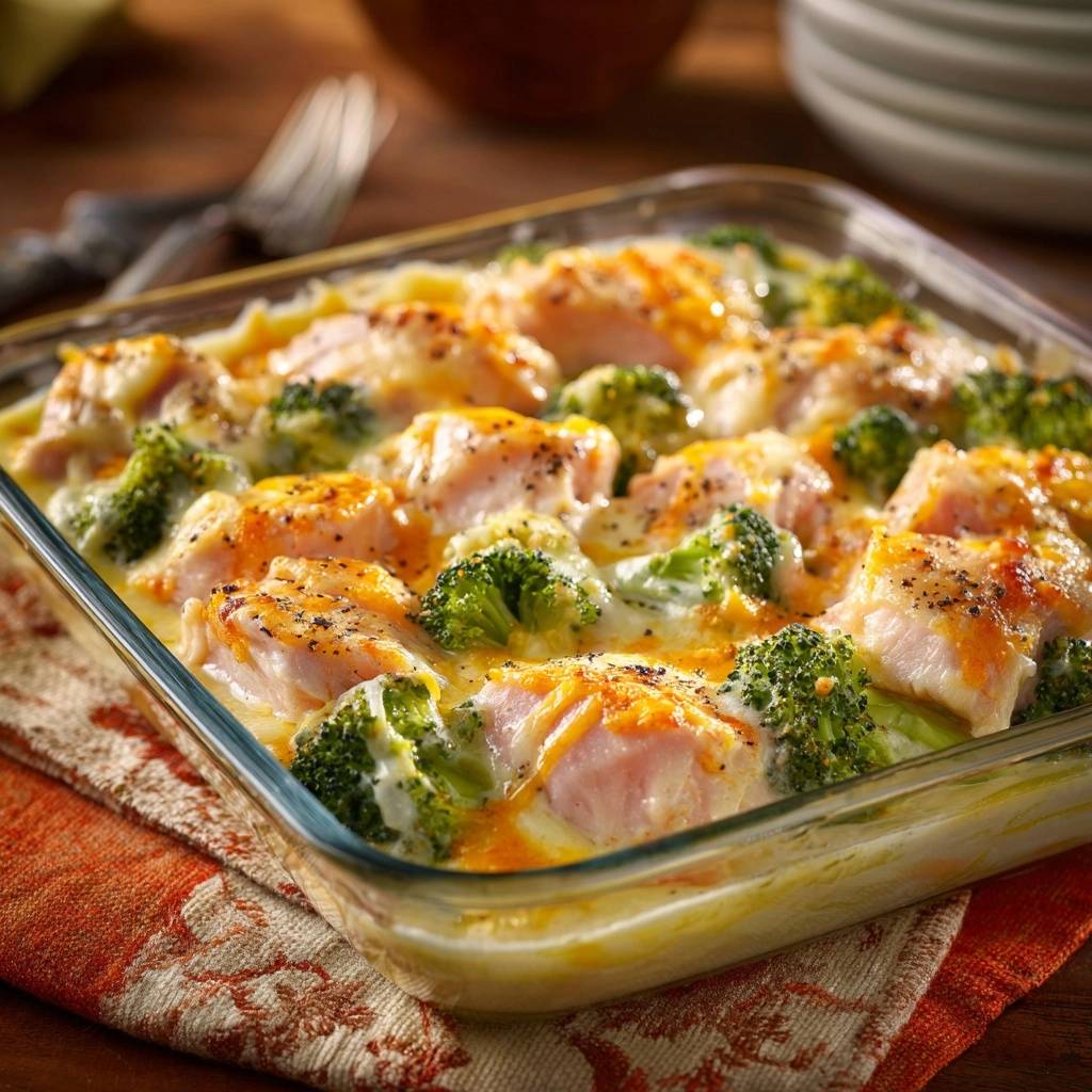 Cremiger Brokkoli-Hähnchen-Auflauf, nahaufnahme der saftigen Stücke mit geschmolzenem Käse und Brokkoli in einer Auflaufform.