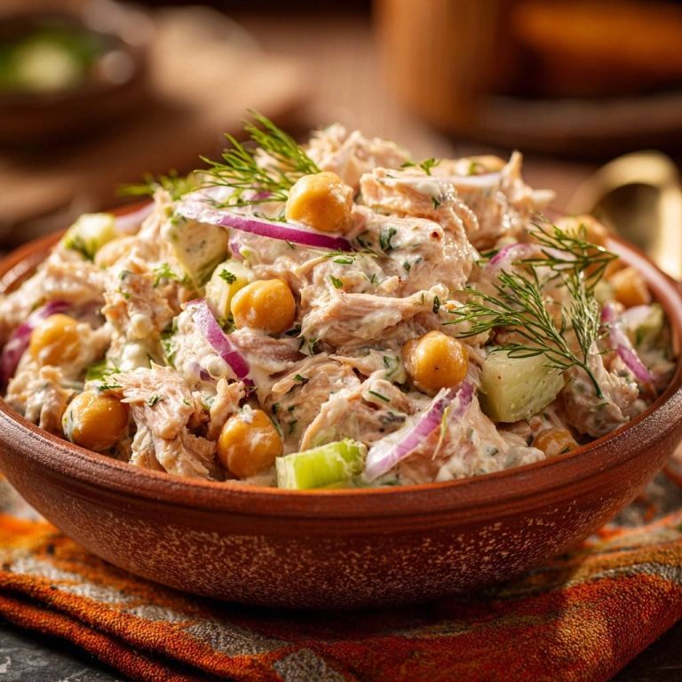Cremiger Dill-Hähnchen-Kichererbsen-Salat mit roten Zwiebeln und Dill in einer Schüssel, Nahaufnahme der Textur.