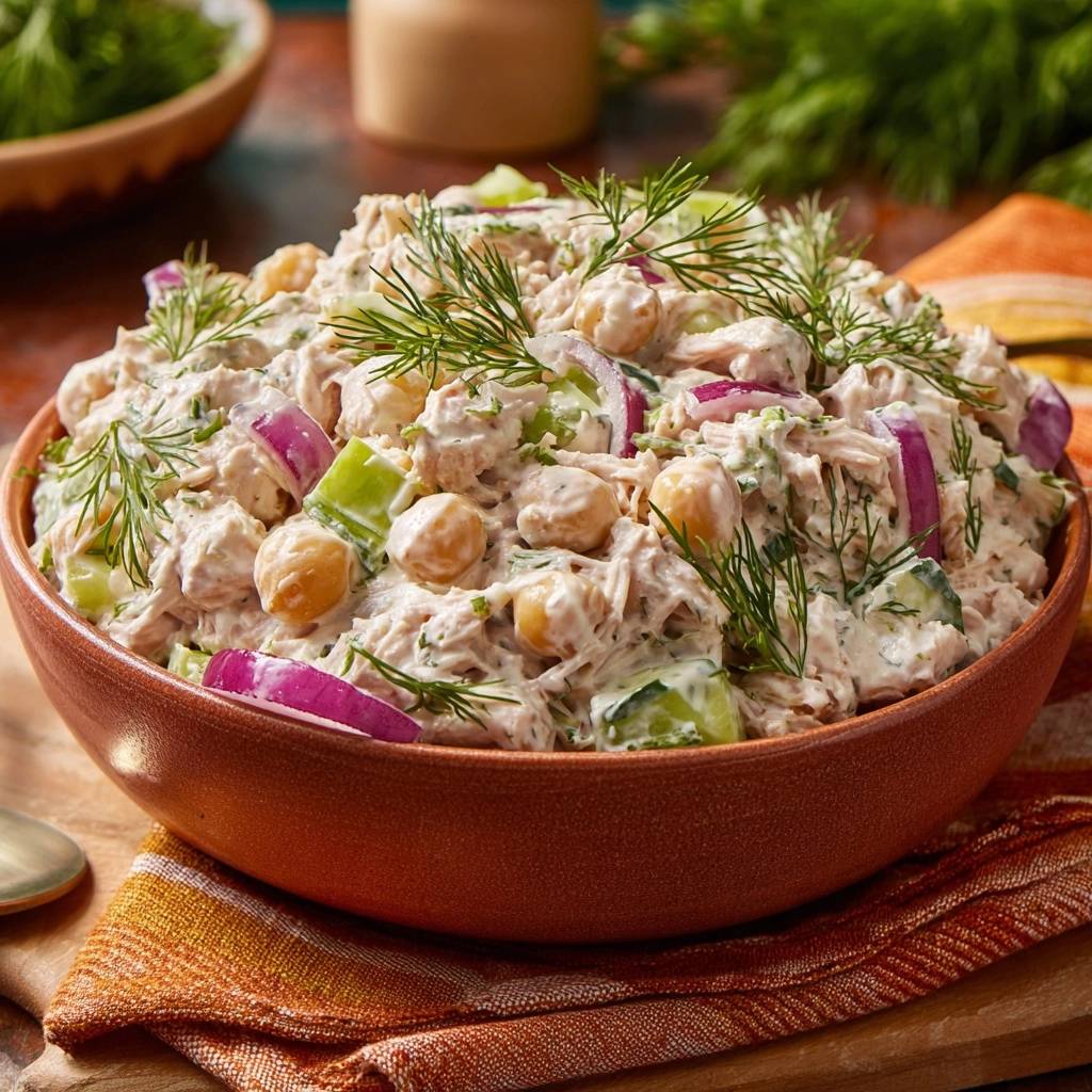Cremiger Dill-Hähnchen-Kichererbsen-Salat in einer braunen Schüssel, garniert mit Dill und roten Zwiebeln.