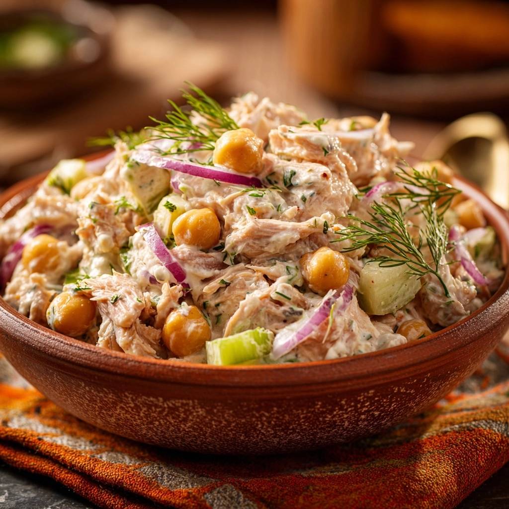 Cremiger Dill-Hähnchen-Kichererbsen-Salat mit roten Zwiebeln und Dill in einer Schüssel, Nahaufnahme der Textur.