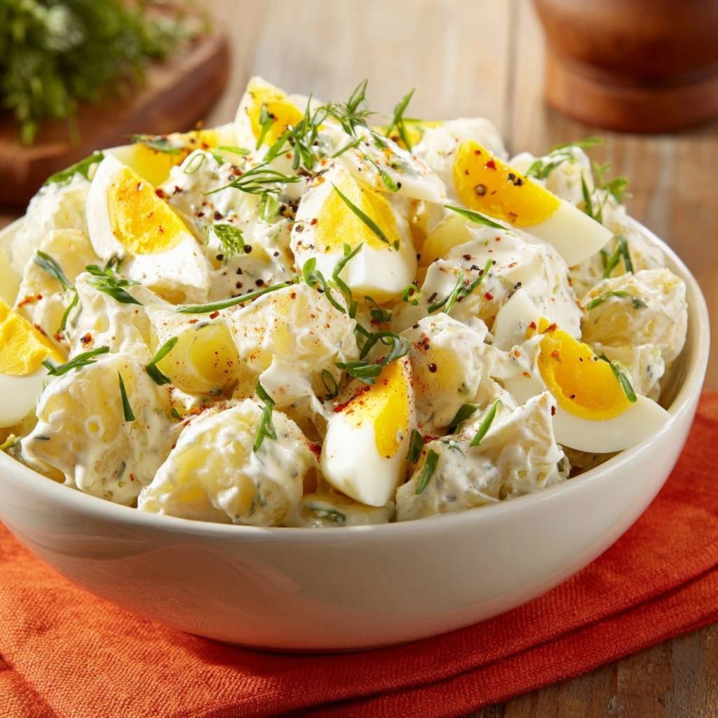 Cremiger Dill-Kartoffelsalat mit Ei, serviert in einer Schüssel und garniert mit gehackten Eiern und frischen Kräutern.