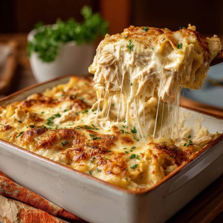 Cremiger Hähnchen-Käse-Auflauf mit Käsefäden, die beim Anheben von einer Portion aus der Auflaufform gezogen werden.