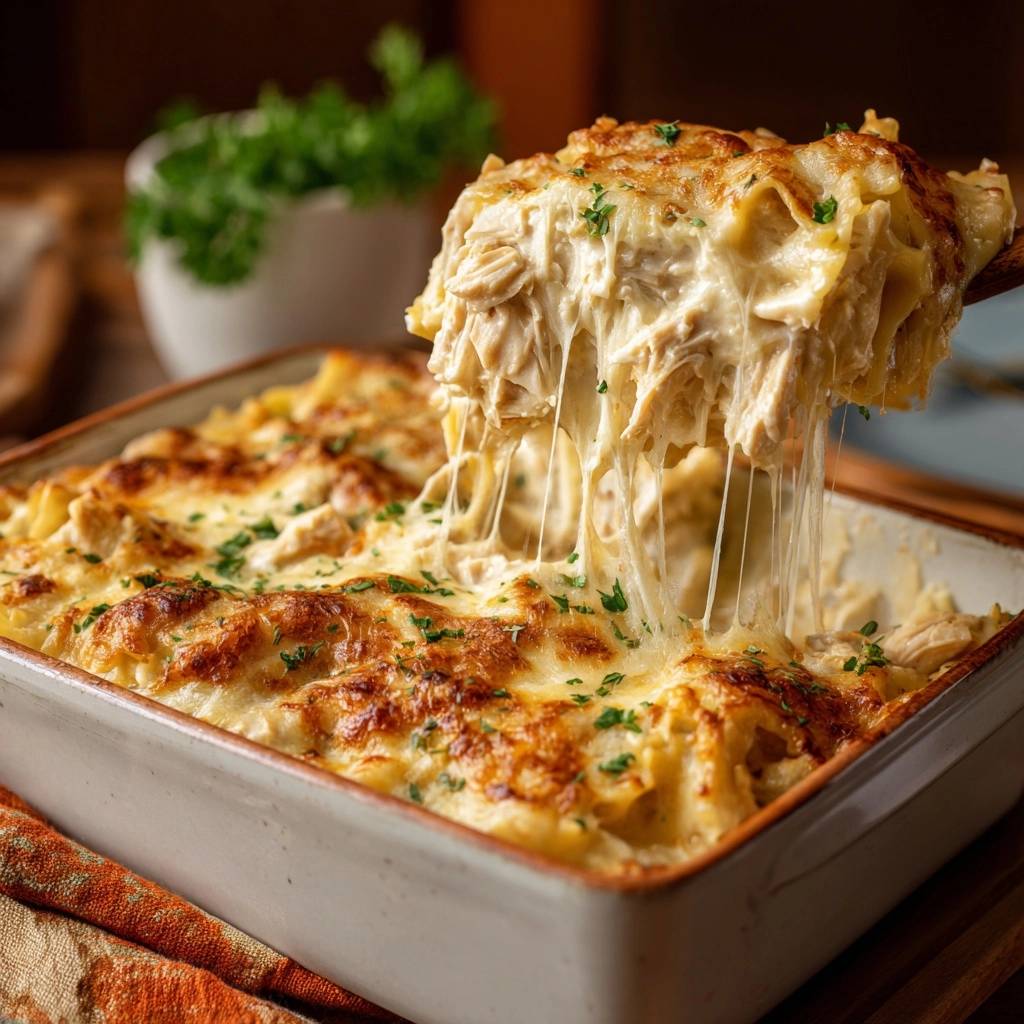 Cremiger Hähnchen-Käse-Auflauf mit Käsefäden, die beim Anheben von einer Portion aus der Auflaufform gezogen werden.