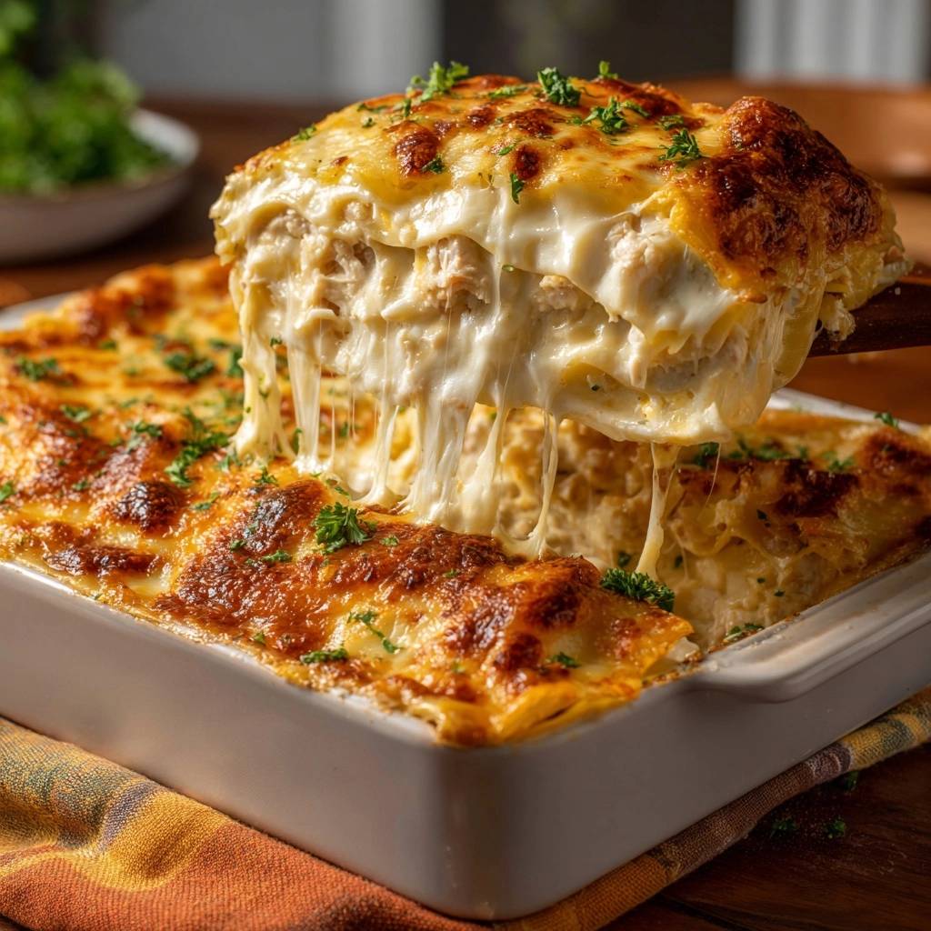 Cremiger Hähnchen-Käse-Auflauf wird als Scheibe mit langem Käsezug aus der Auflaufform gehoben.
