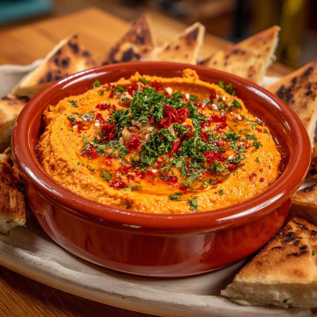 Cremiger Karotten-Hummus mit Pita, garniert mit frischer Petersilie und Chiliflocken, serviert in einer Terrakotta-Schale.